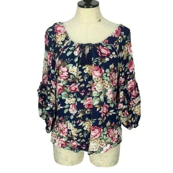 Umgee Tops - Umgee Woman's Blue Floral Print Scoop Neck Cotton‎ Peasant Blouse Size Small